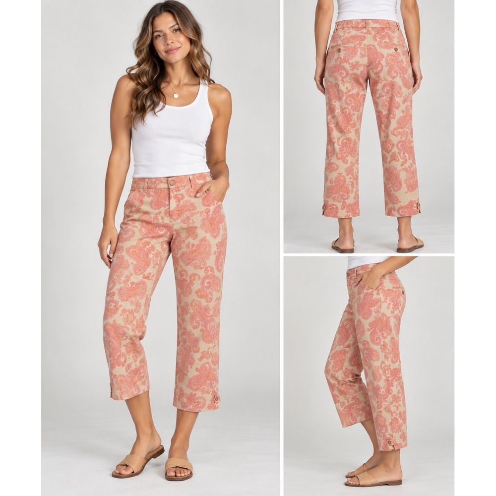 Evan-Picone Pants Women 18 Pink Paisley Stretch Cropped Button Tab Preppy Boho